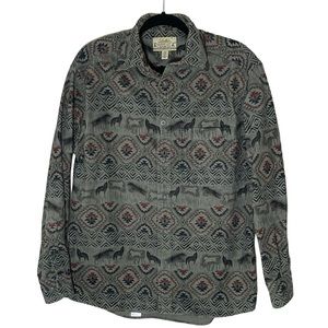 Vintage Cabelas Chamois All Over Tribal Wolf Print Blanket Flannel Shirt